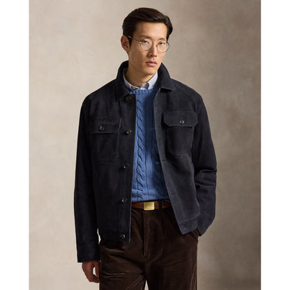 Men's Ralph Lauren Lamb Suede Ashdale Shacket in Collection Navy, showing the stylish navy suede shacket with front buttons and collar.