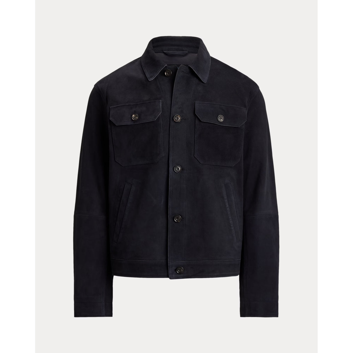 Men's navy Ralph Lauren Lamb Suede Ashdale Shacket, stylish men's outerwear with soft suede texture and classic design.