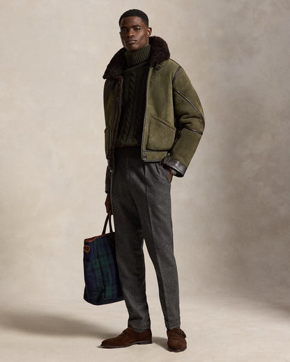 Ralph Lauren Merino Shearling RL Flight Jacket - Myrtle Green/Dark Brown Gray