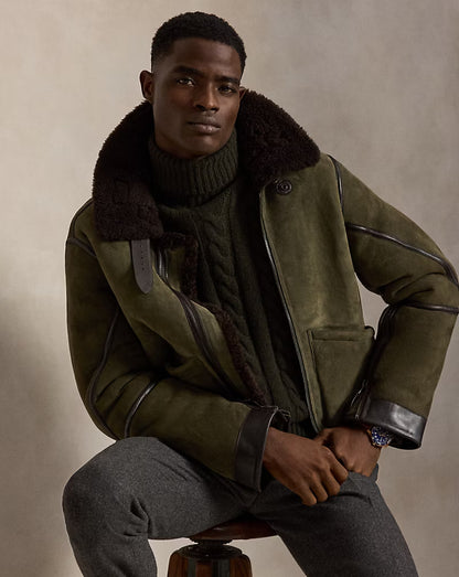 Ralph Lauren Merino Shearling RL Flight Jacket - Myrtle Green/Dark Brown Black