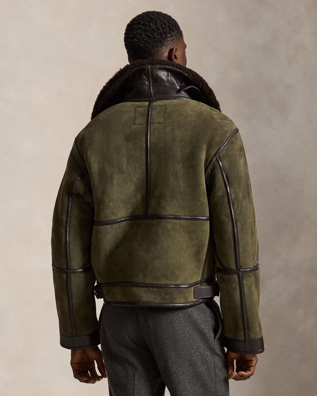 Ralph Lauren Merino Shearling RL Flight Jacket - Myrtle Green/Dark Brown Rosy Brown