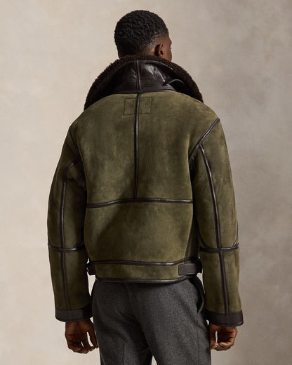 Ralph Lauren Merino Shearling RL Flight Jacket - Myrtle Green/Dark Brown Rosy Brown