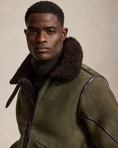 Ralph Lauren Merino Shearling RL Flight Jacket - Myrtle Green/Dark Brown Gray