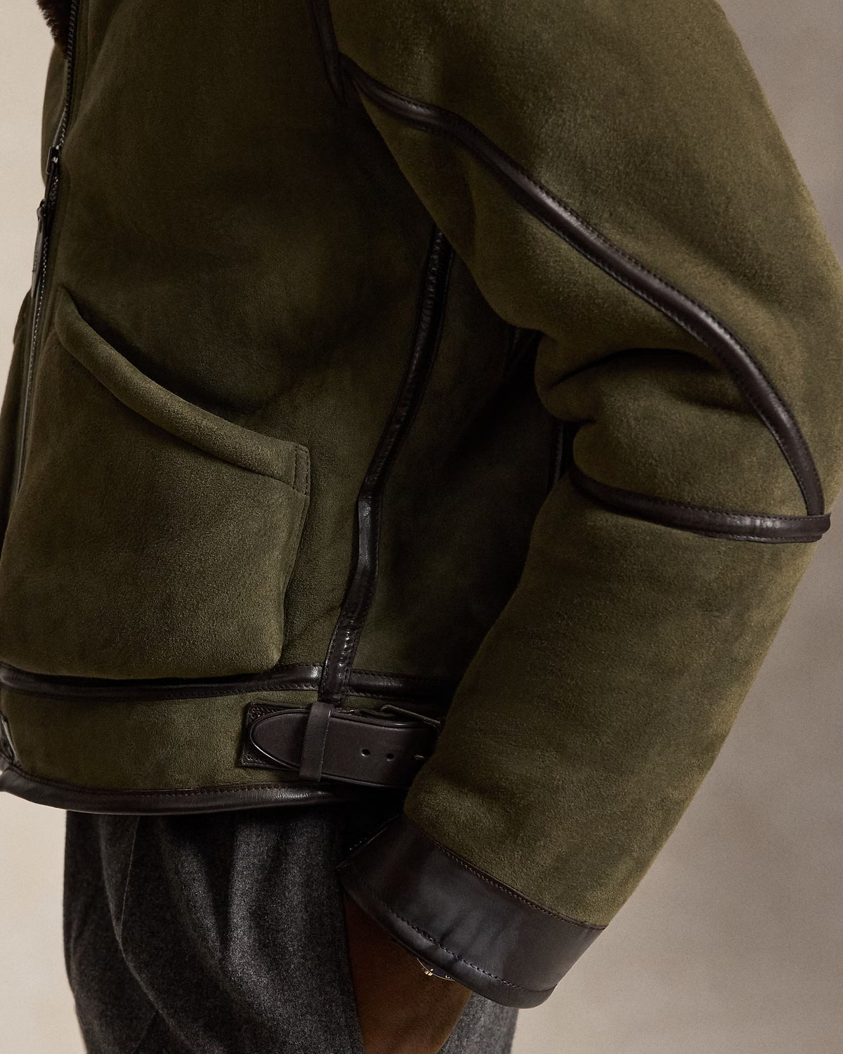 Ralph Lauren Merino Shearling RL Flight Jacket - Myrtle Green/Dark Brown Black