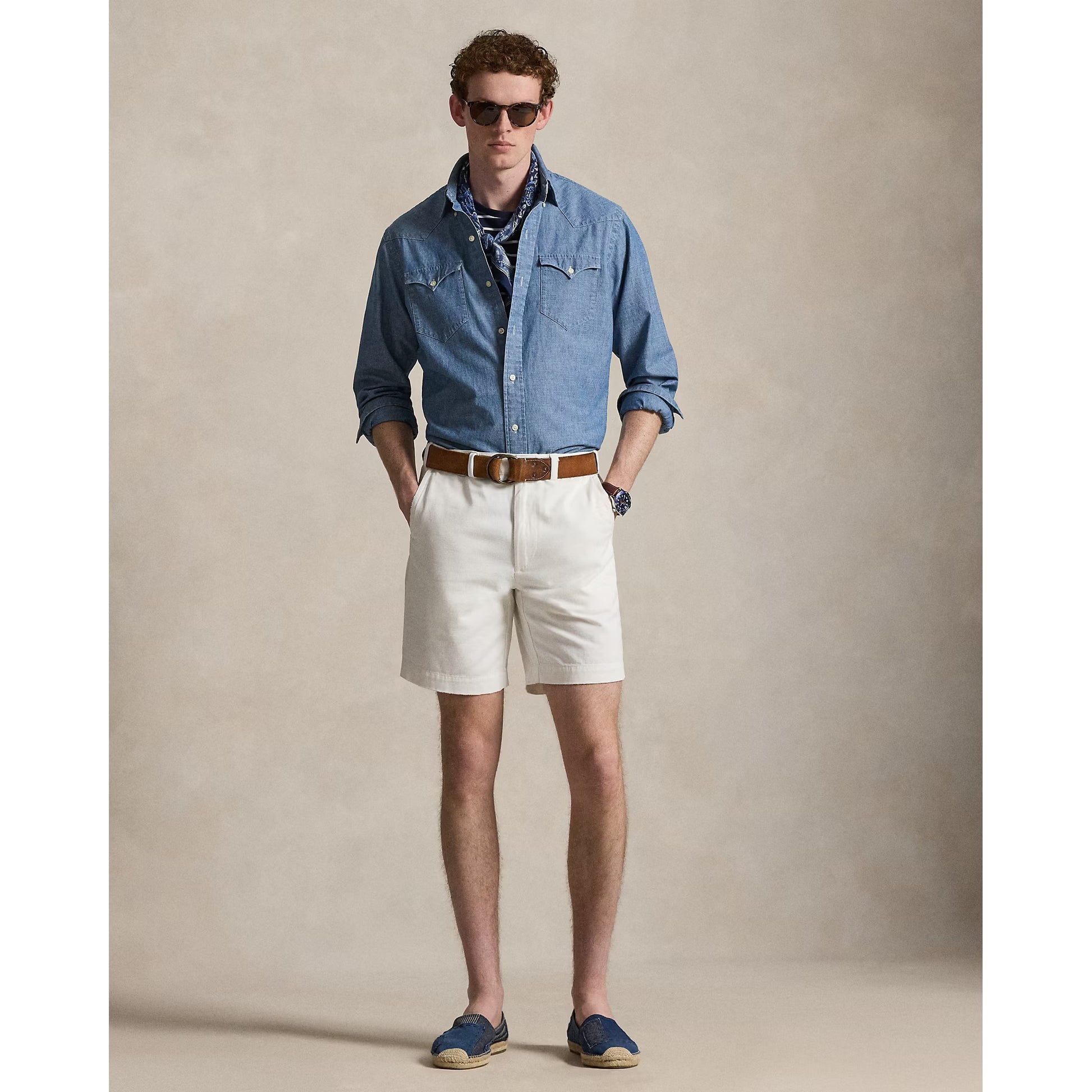 Men's Polo RL chambray classic western sport shirt in medium indigo with button-down collar and Western yoke detail.