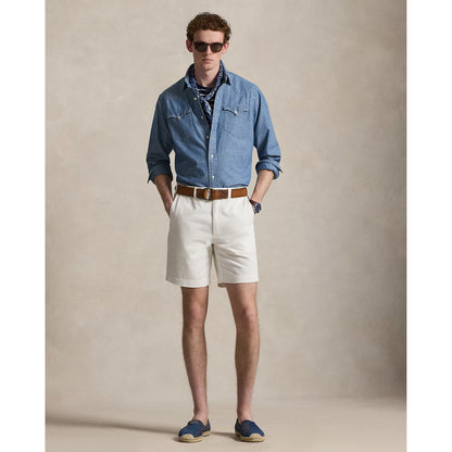 Men's Polo RL chambray classic western sport shirt in medium indigo with button-down collar and Western yoke detail.