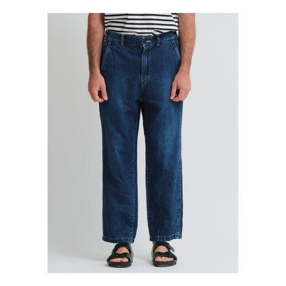 Men's Indigo Blue Sage De Cret CO/LI denim peg top pants with a relaxed fit and classic five-pocket design.