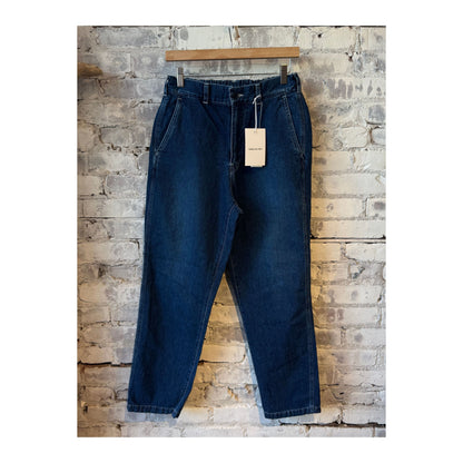 Men's Sage De Cret CO/LI denim peg top pants in indigo blue, featuring a relaxed fit and classic denim styling.