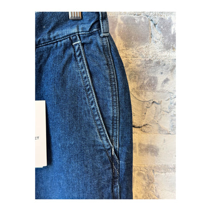 Men's Sage De Cret CO/LI Denim Peg Top Pants in indigo blue, shown with a relaxed fit and classic denim texture.