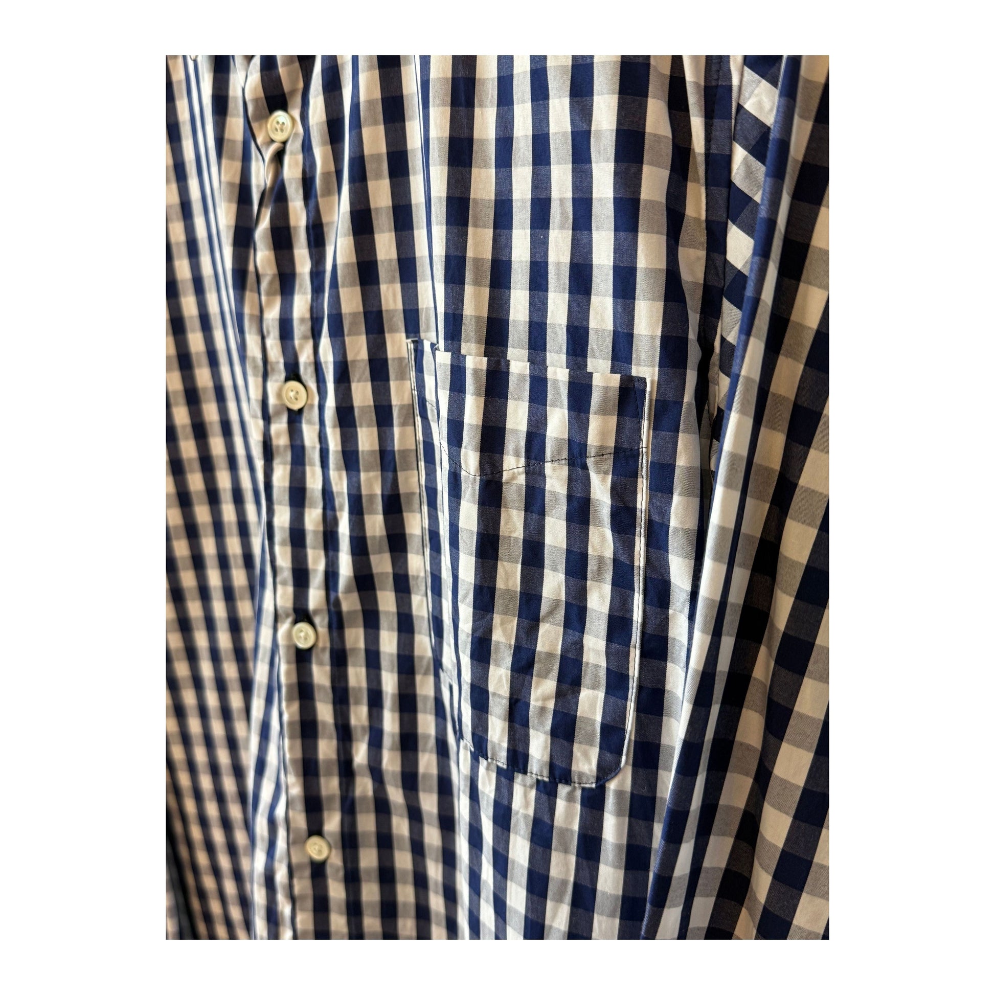 Men's navy gingham check shirt with regular collar by Sage De Cret, featuring a classic pattern and tailored fit.