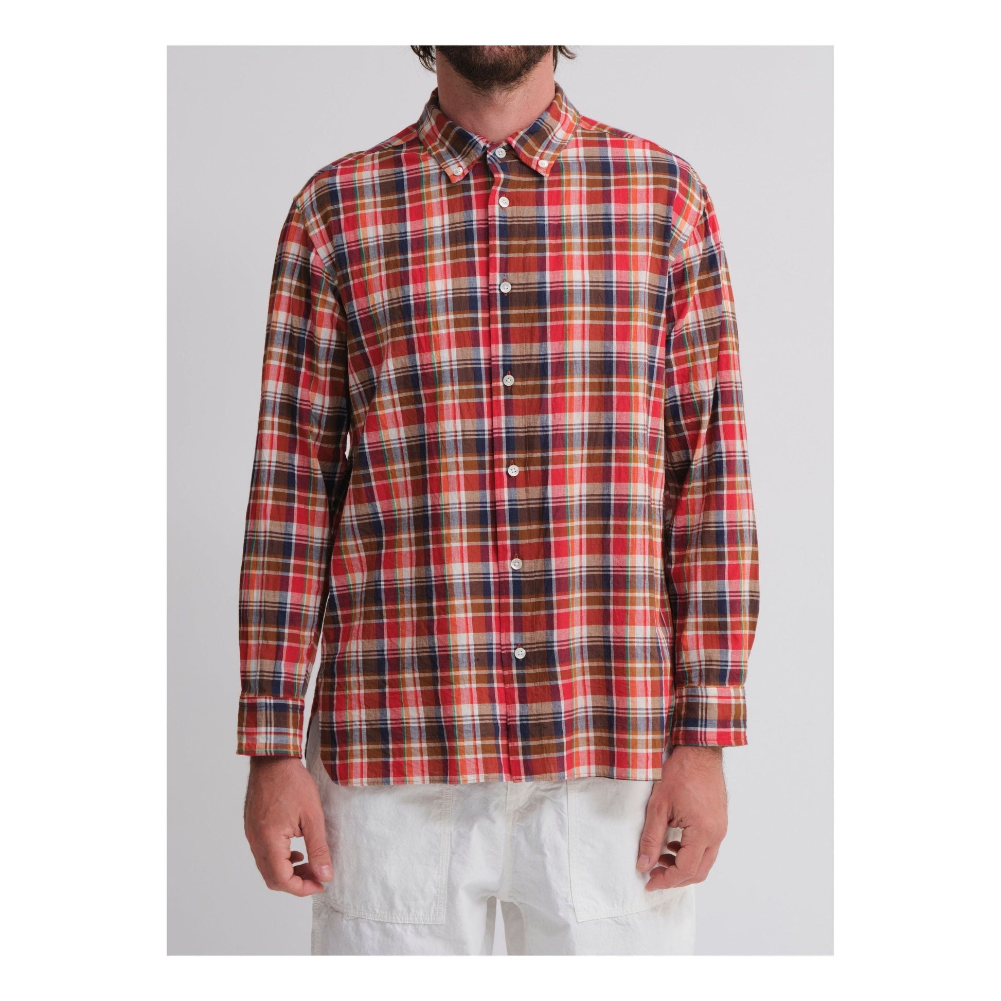 Men's red plaid Madras check button-down collar shirt by Sage De Cret, featuring a classic casual style and vibrant plaid pattern.