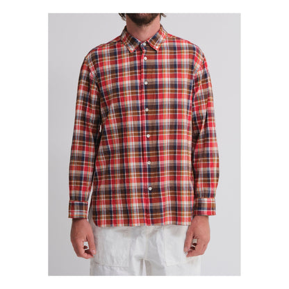 Men's red plaid Madras check button-down collar shirt by Sage De Cret, featuring a classic casual style and vibrant plaid pattern.