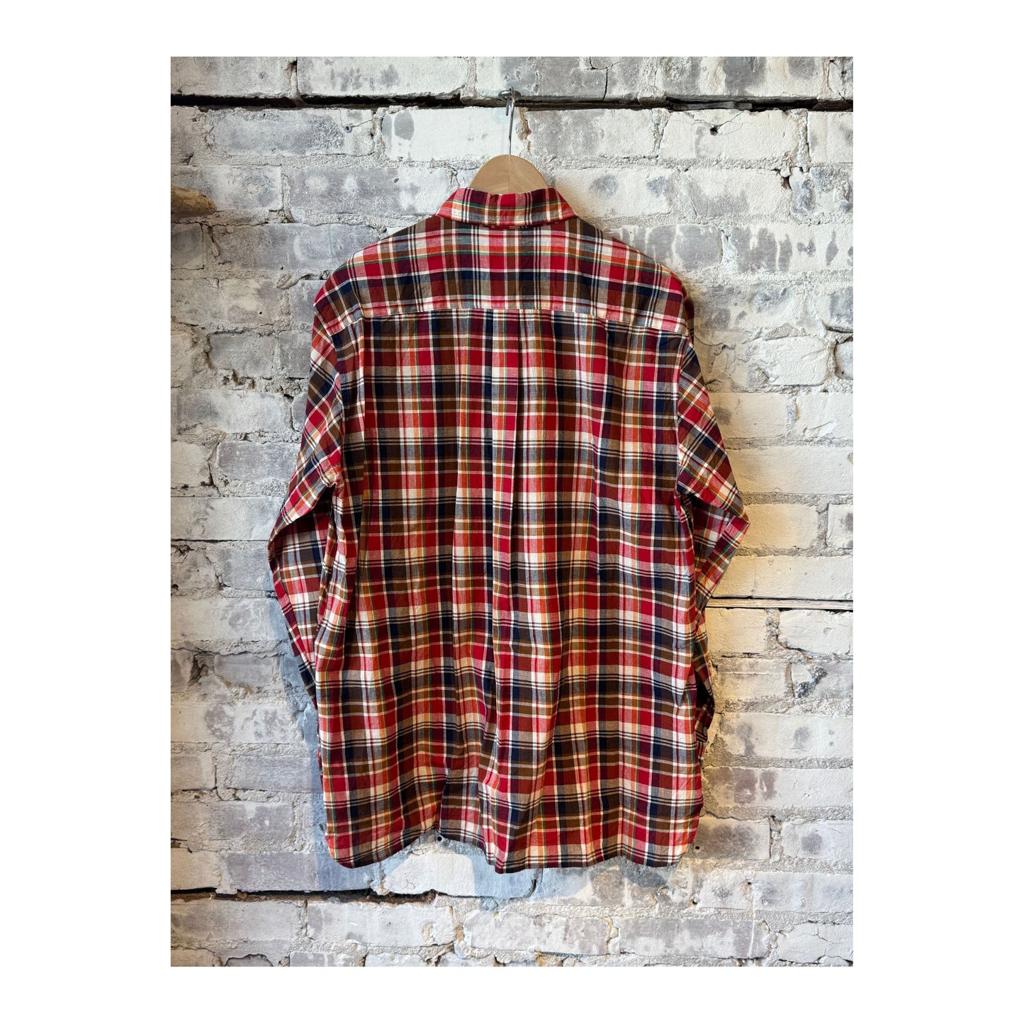 Men's red plaid Madras check buttondown collar shirt by Sage De Cret, featuring a classic plaid pattern and button-front design.