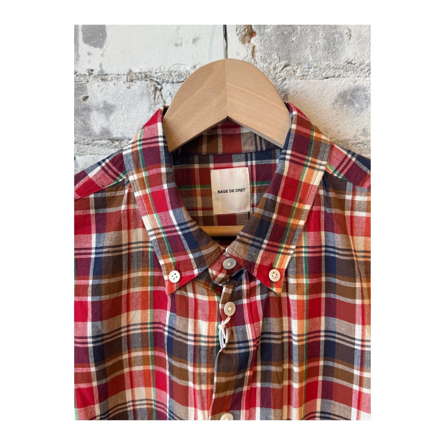 Men's Sage De Cret Madras check buttondown collar shirt in red plaid fabric, casual and stylish for everyday wear.