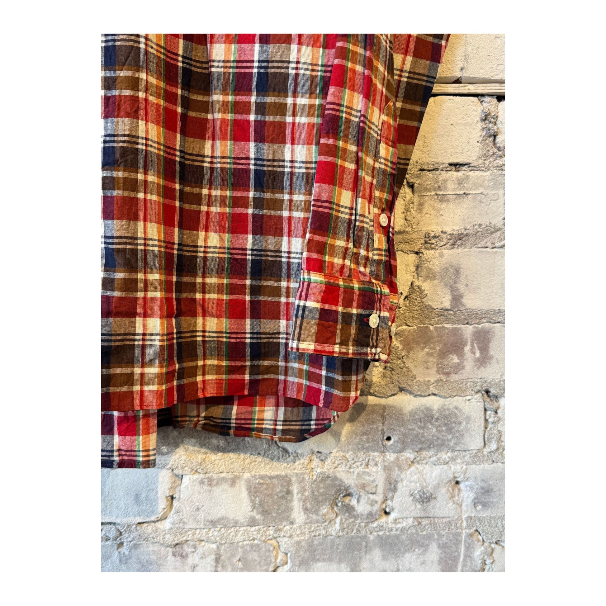 Men’s red plaid Madras check button-down collar shirt by Sage De Cret, featuring a classic plaid pattern and tailored fit.