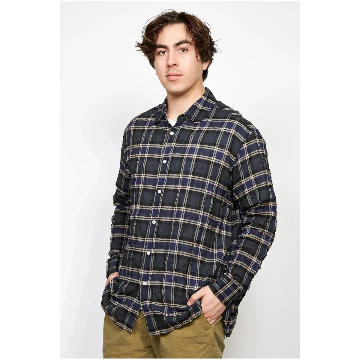 Men's navy plaid long shirt with shirring and regular collar by Sage De Cret, featuring a classic check pattern and casual fit.