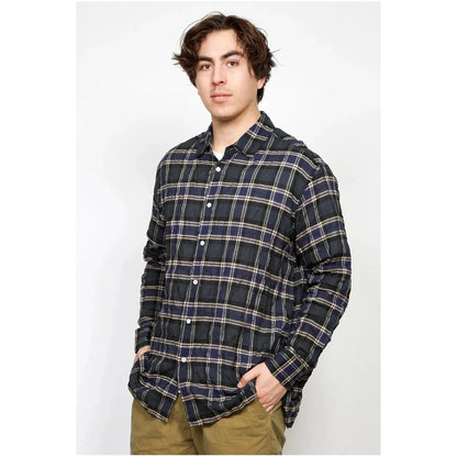 Men's navy plaid long shirt with shirring and regular collar by Sage De Cret, featuring a classic check pattern and casual fit.