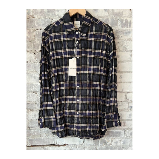 Shirring Check Regular Collar Long Shirt - Navy Plaid - DUNE + SALT