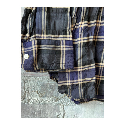 Men's navy plaid long shirt with shirring details and regular collar by Sage De Cret, displayed on a neutral background.