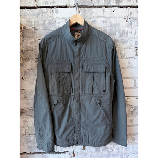 Men's Sailcloth Tanker in Steel Grey by Relwen, showcasing a casual, durable jacket with a high collar and front pockets.