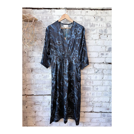 M.Patmos Saltaire Silk Dress in navy floral pattern, women's elegant sleeveless dress with a flowy silhouette and floral design.