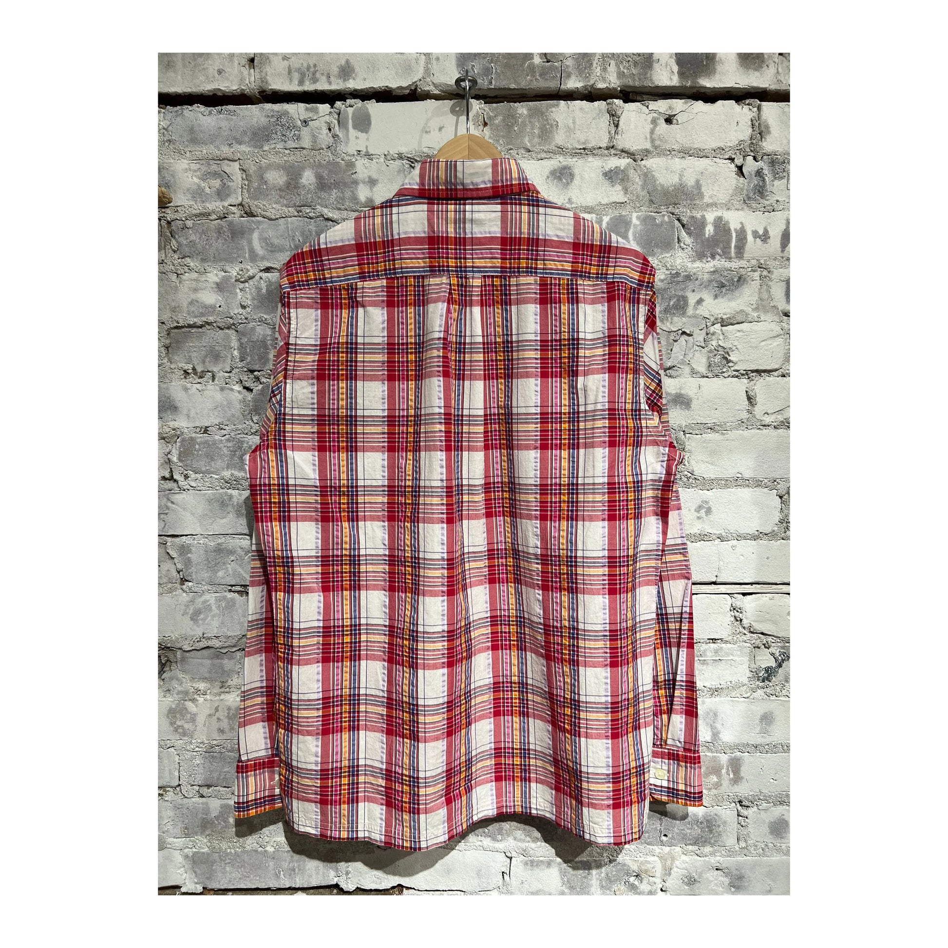 Men's Red Multi Plaid Seersucker Popover shirt by Relwen, showing the lightweight fabric and classic plaid pattern.