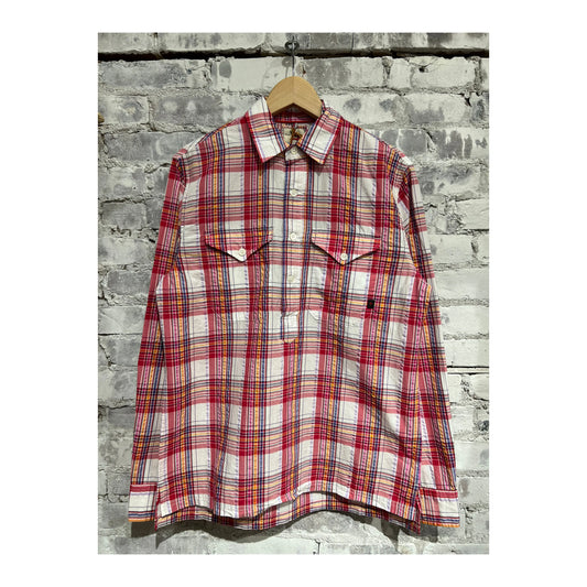 Men's red multi plaid seersucker popover shirt by Relwen, featuring lightweight fabric and classic button-up style.