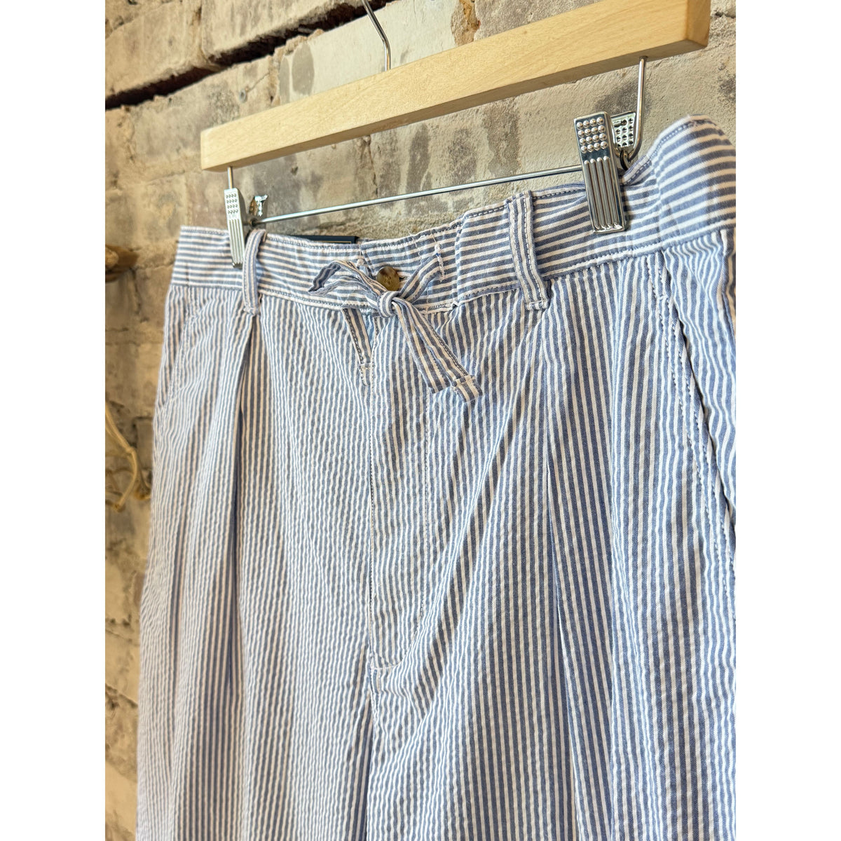 Men's Polo RL Seersucker Prepster Easy Pant in blue and white, lightweight cotton pants with a classic seersucker pattern.
