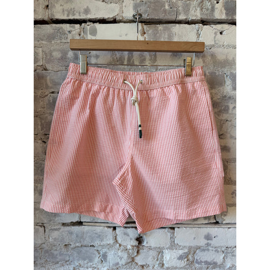Men's Hartford seersucker woven swimshort in coral, featuring a lightweight, breathable fabric and comfortable fit.