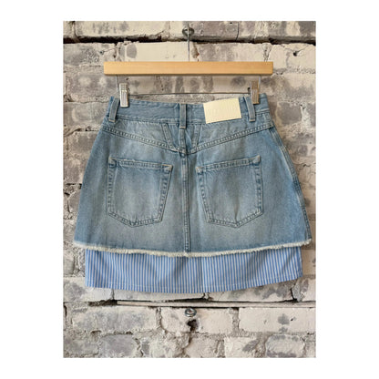Light blue women's short denim poplin mini skirt by Closed Women's, shown laid flat highlighting the fit and fabric texture.
