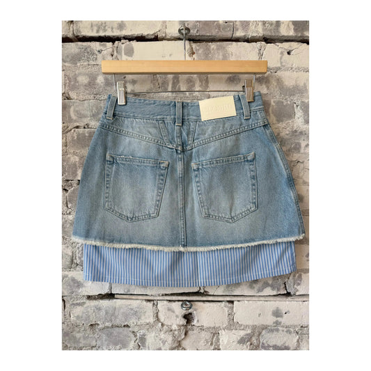 Light blue women's short denim poplin mini skirt by Closed Women's, shown laid flat highlighting the fit and fabric texture.