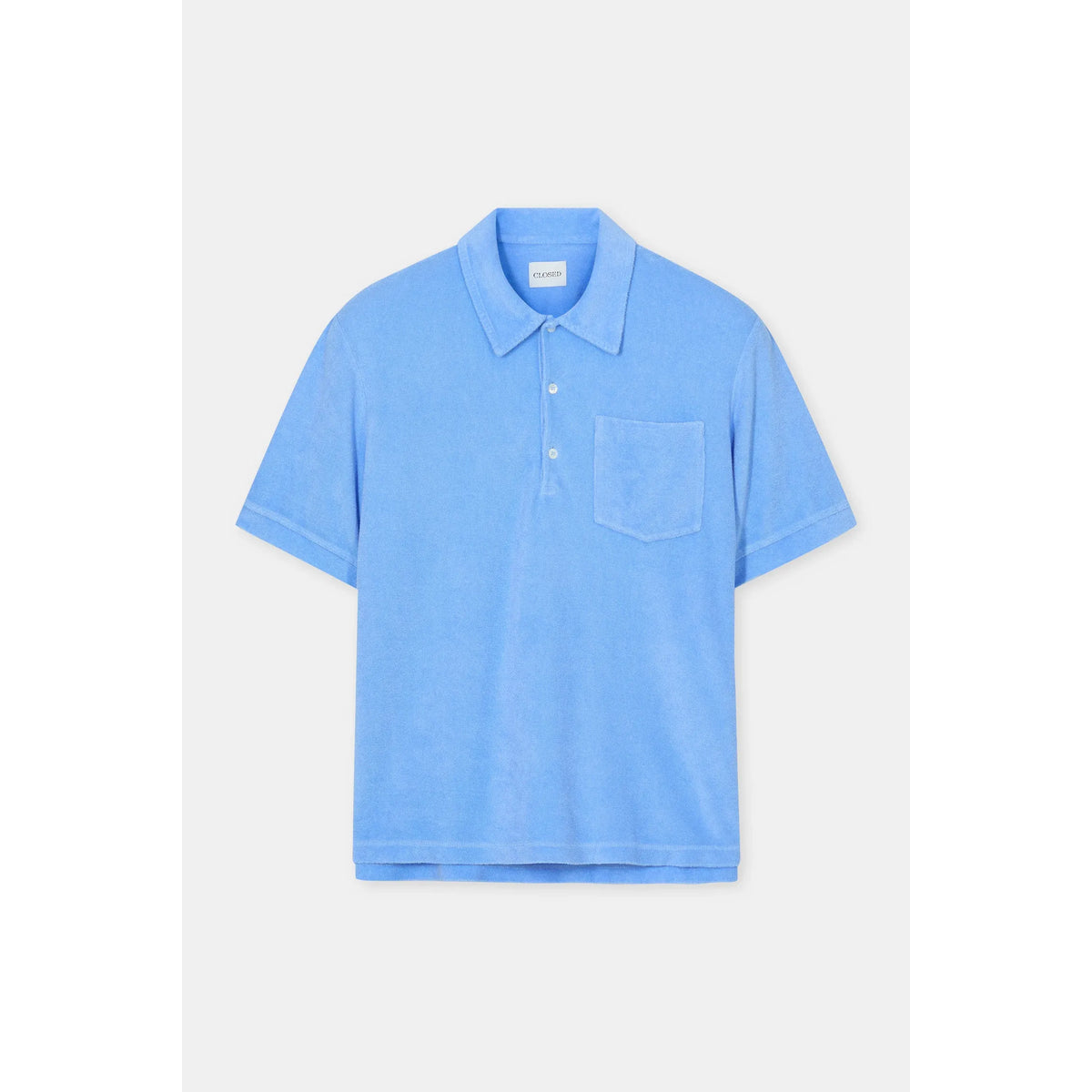 Men's sky blue short sleeve polo shirt by Closed Men's, featuring a classic collar and button placket.