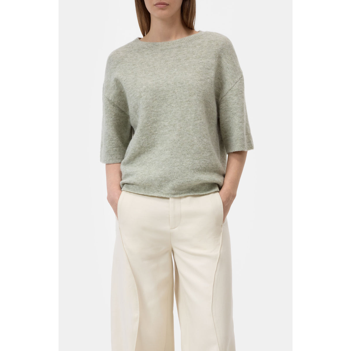Closed Women's short-sleeved alpaca-wool blend jumper in Stoneleaf Green, showcasing a cozy, stylish knit top.
