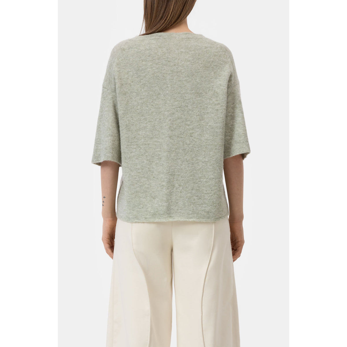 Women's short-sleeved alpaca-wool blend jumper in stoneleaf green, by Closed Women's, showing a cozy, fitted knit sweater.