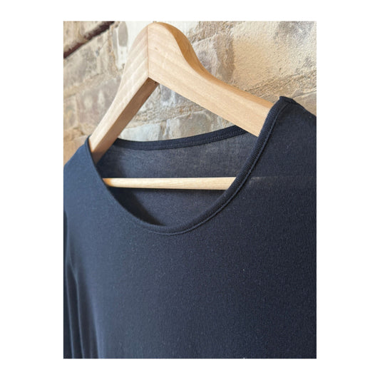 Women's navy silk and cashmere long-sleeve jersey crew by V::Room, soft and luxurious fabric with a comfortable fit.