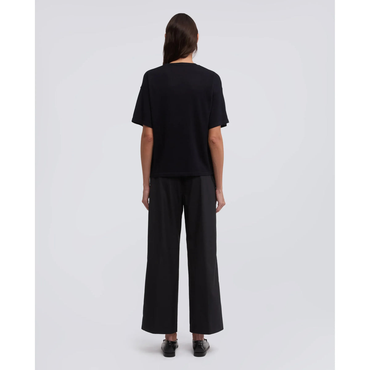 Women's black navy silk, cotton, and cashmere knitted T-shirt by Aspesi, featuring a soft, textured fabric and classic fit.