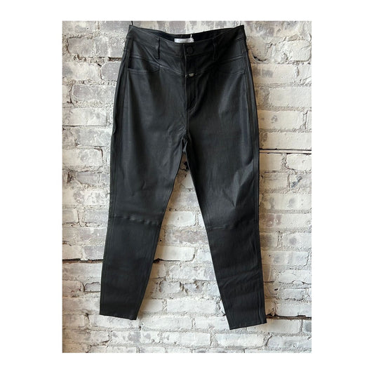 Black women's stretch leather pants from Closed Women's Skinny Pusher collection, featuring a sleek, fitted silhouette.