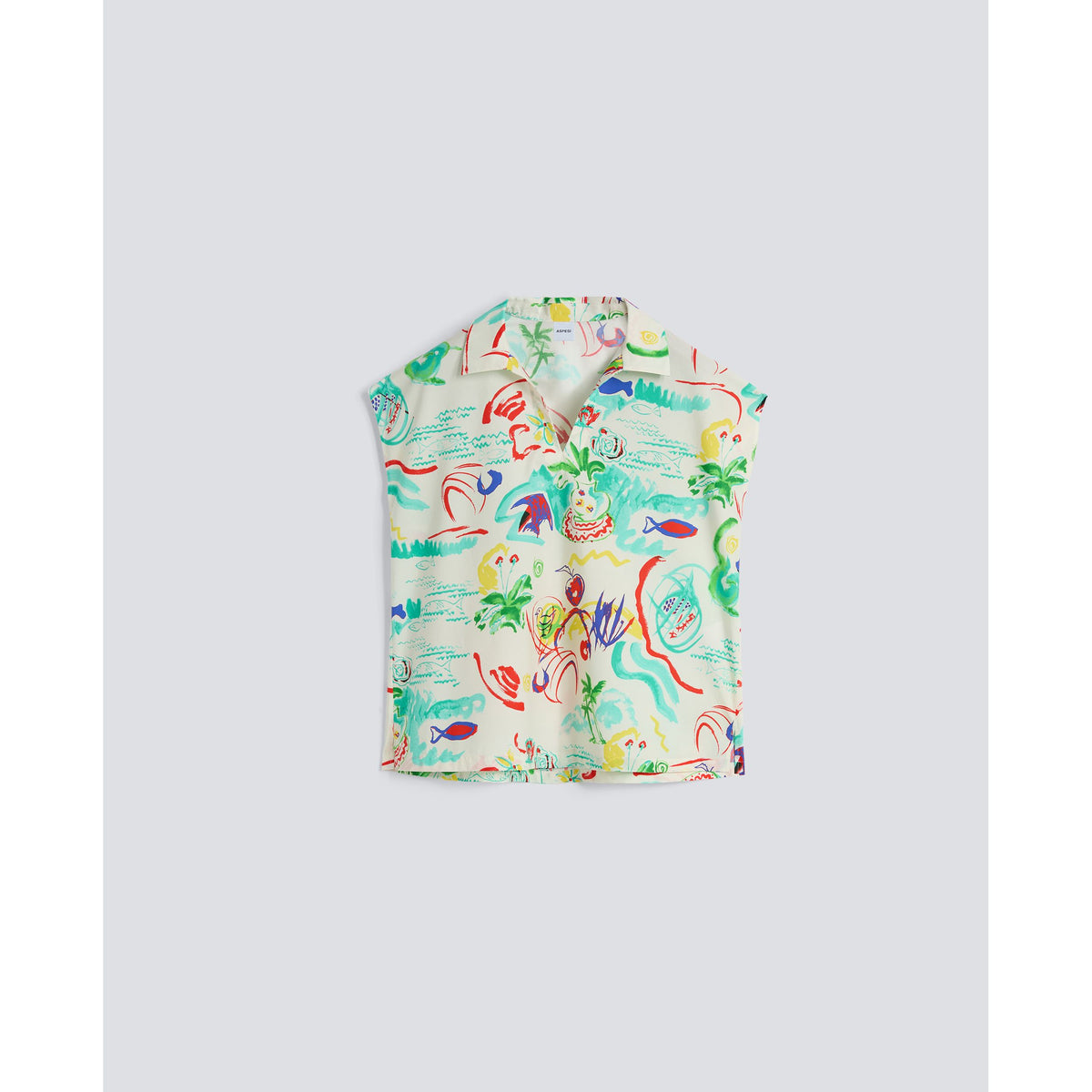 Women's sleeveless viscose top by Aspesi in Stamp Multi print, featuring a relaxed fit and stylish sleeveless design.