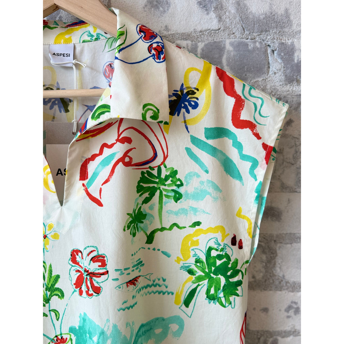 Women's sleeveless viscose top by Aspesi in Stamp Multi print, featuring a relaxed fit and stylish design.