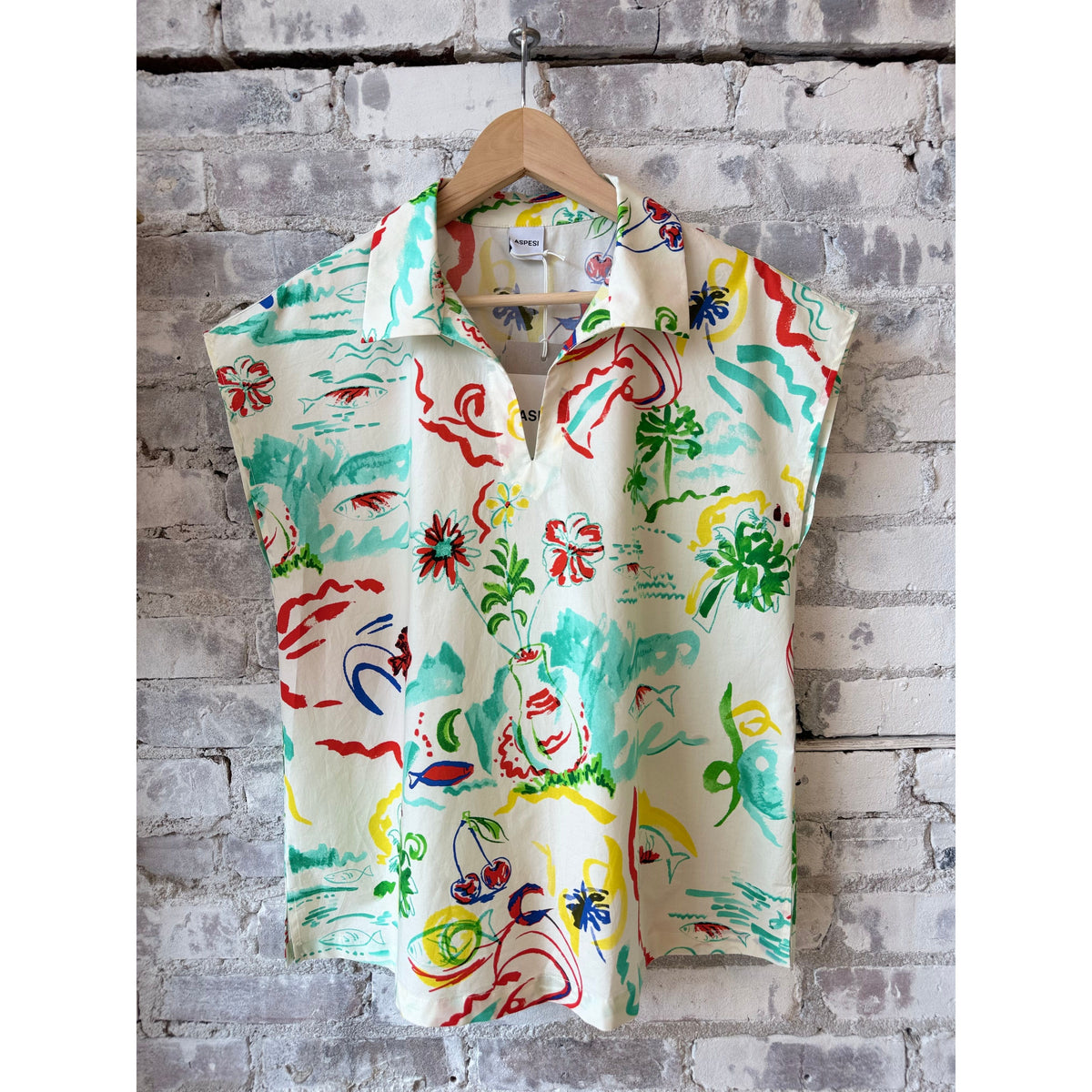Women's sleeveless viscose top by Aspesi in Stamp Multi pattern, featuring a relaxed fit and lightweight fabric.