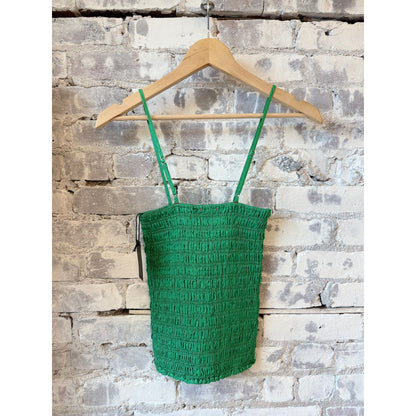 Women's smocked crinkle cami top by Brazeau Tricot in Mojito color, featuring a fitted, textured fabric with adjustable straps.