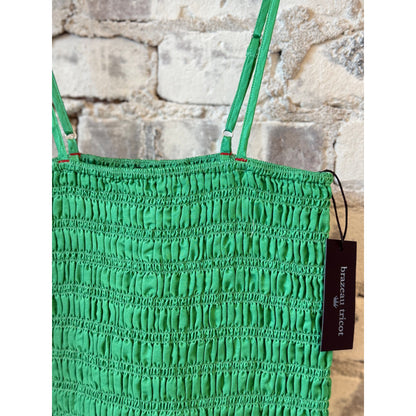 Women's smocked crinkle cami top by Brazeau Tricot in Mojito, featuring a fitted neckline and textured fabric.
