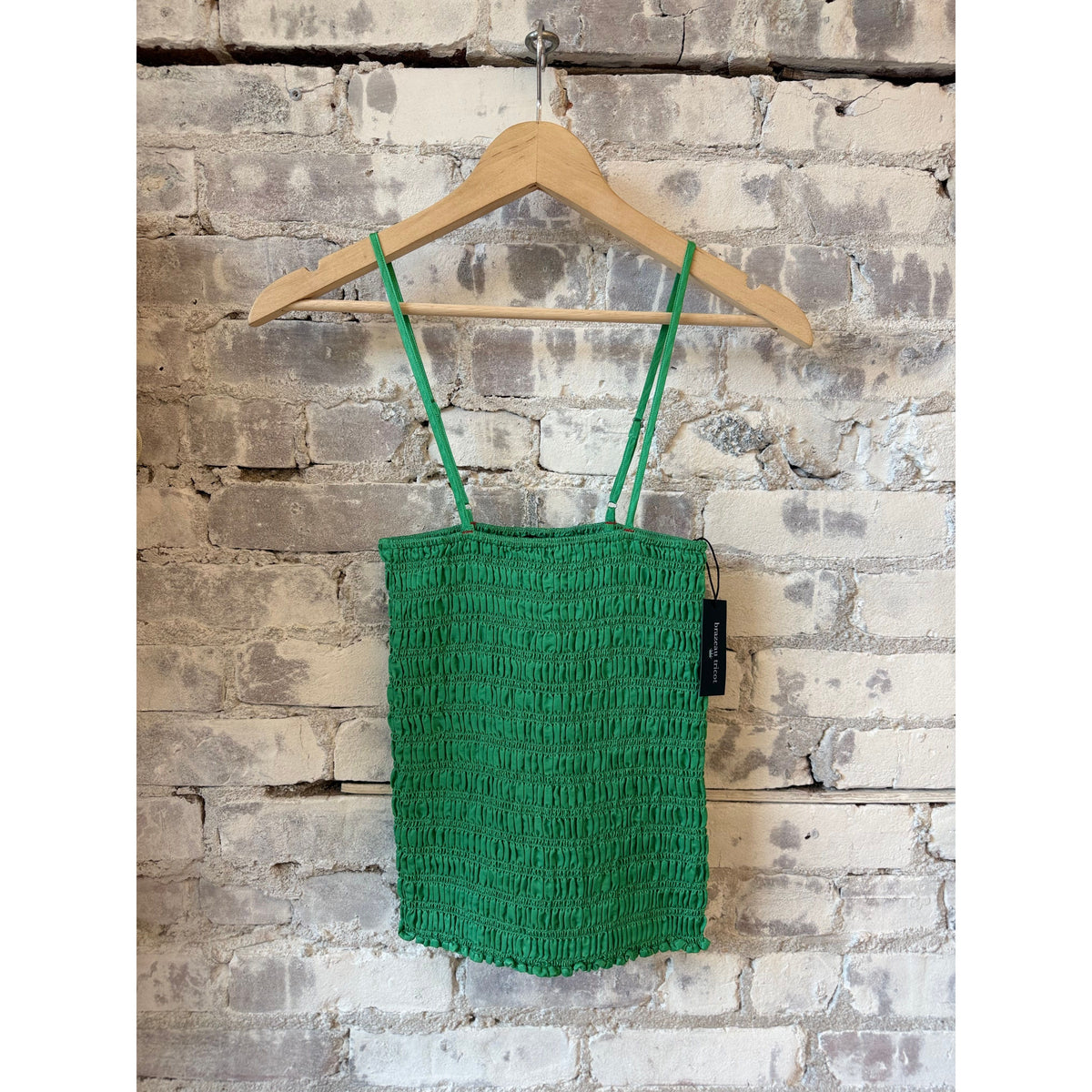 Women's smocked crinkle cami top by Brazeau Tricot in Mojito green, featuring a fitted, textured fabric with adjustable straps.