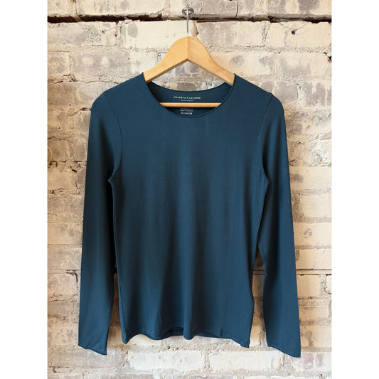 Women's soft-touch Merrow edge boatneck long-sleeve top by Majestic Filatures in marine color, featuring a boatneck neckline and smooth fabric.