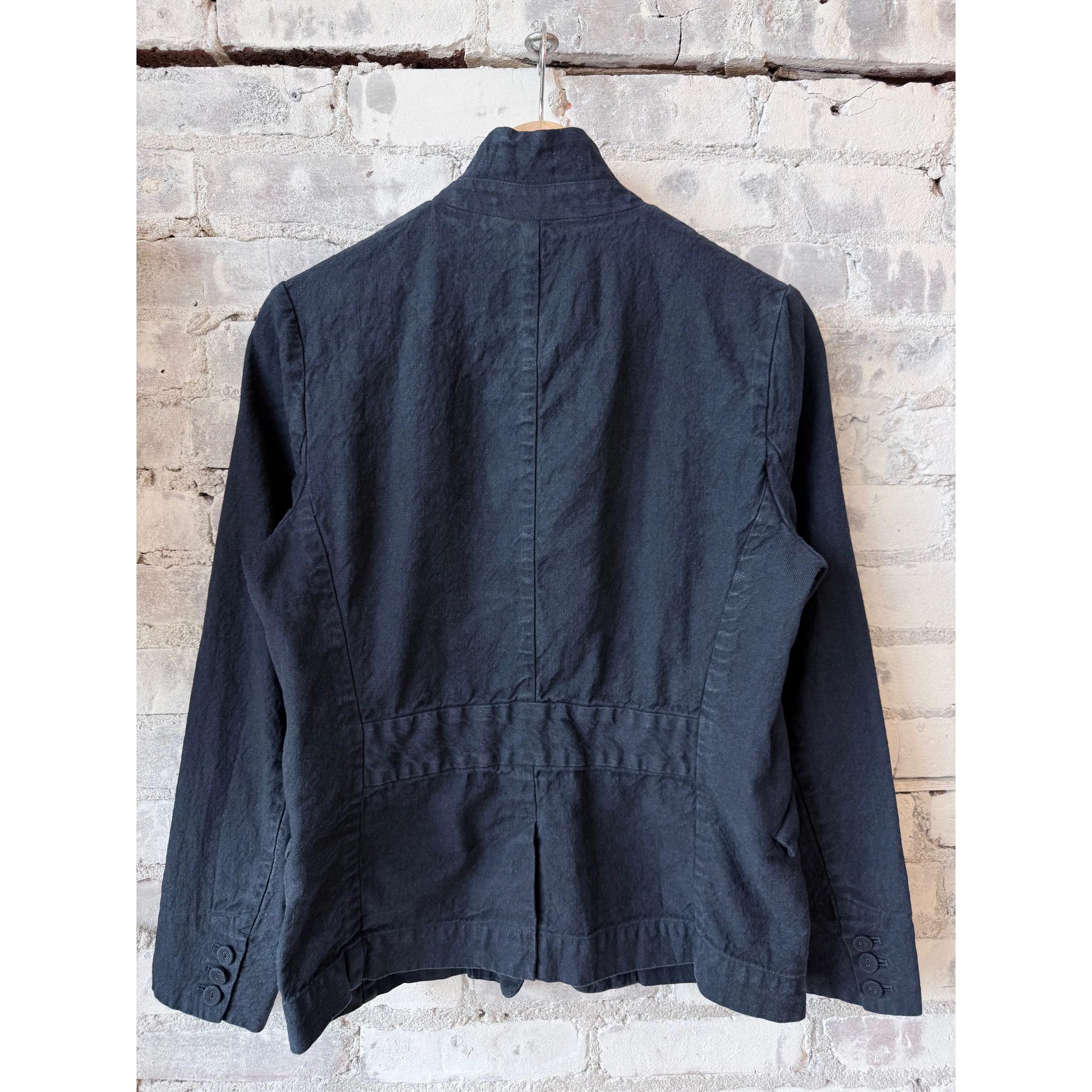 Women's navy cotton-linen jacket by Pas de Calais, soft-washed fabric with a relaxed fit and classic collar.