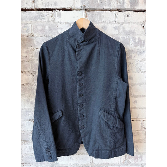 Women's navy washed cotton-linen jacket by Pas De Calais, soft and lightweight with a relaxed fit and subtle texture.