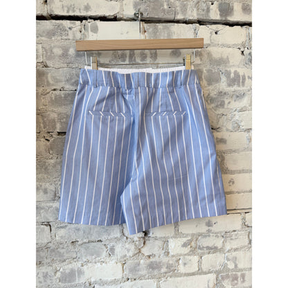 Women's ACARIA STUDIO Soulmate Twill Shorts in blue and white stripe, showing the lightweight fabric and stylish striped design.