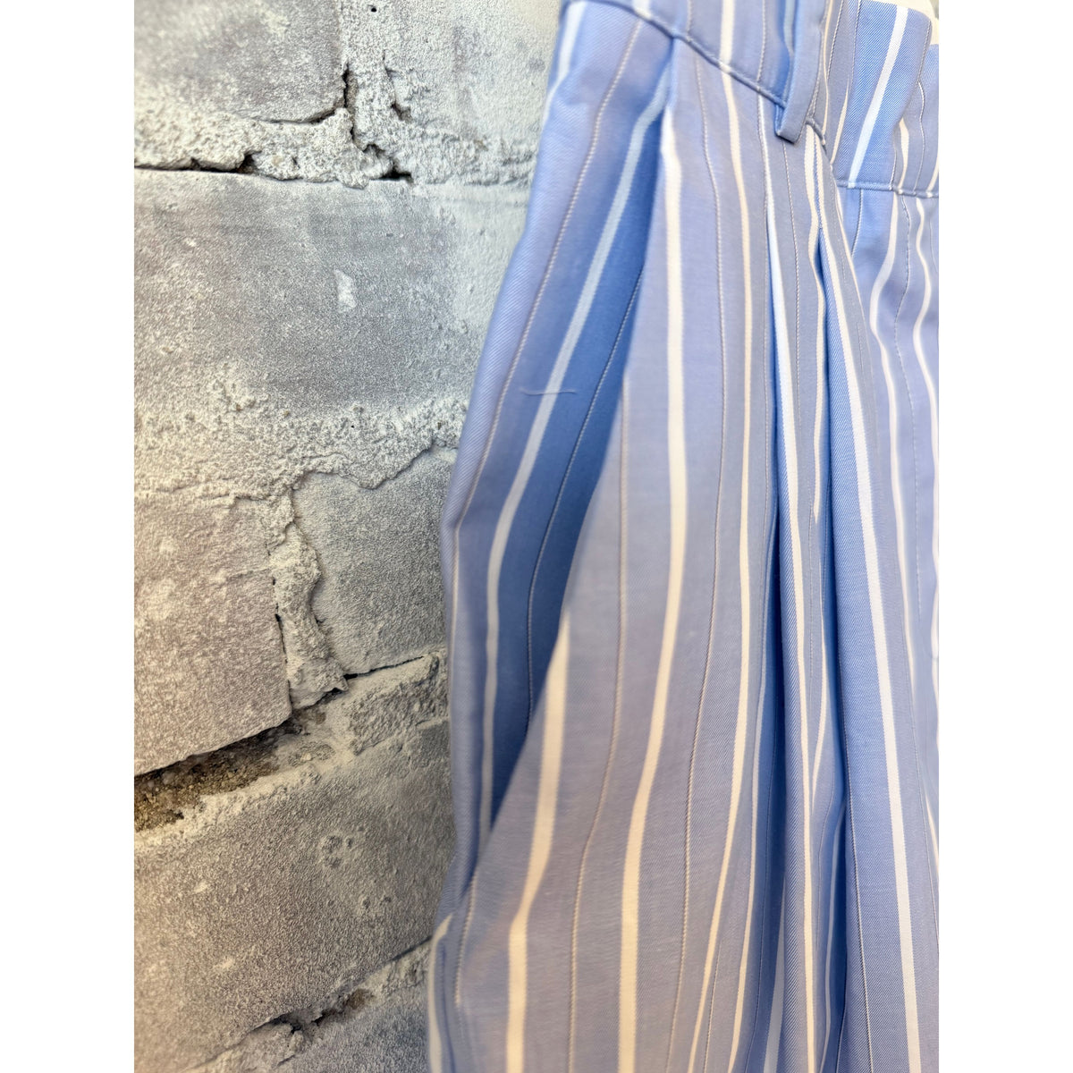 Women's Soulmate Twill Shorts in blue and white stripe by ACARIA STUDIO, shown flat with waist and hem details.