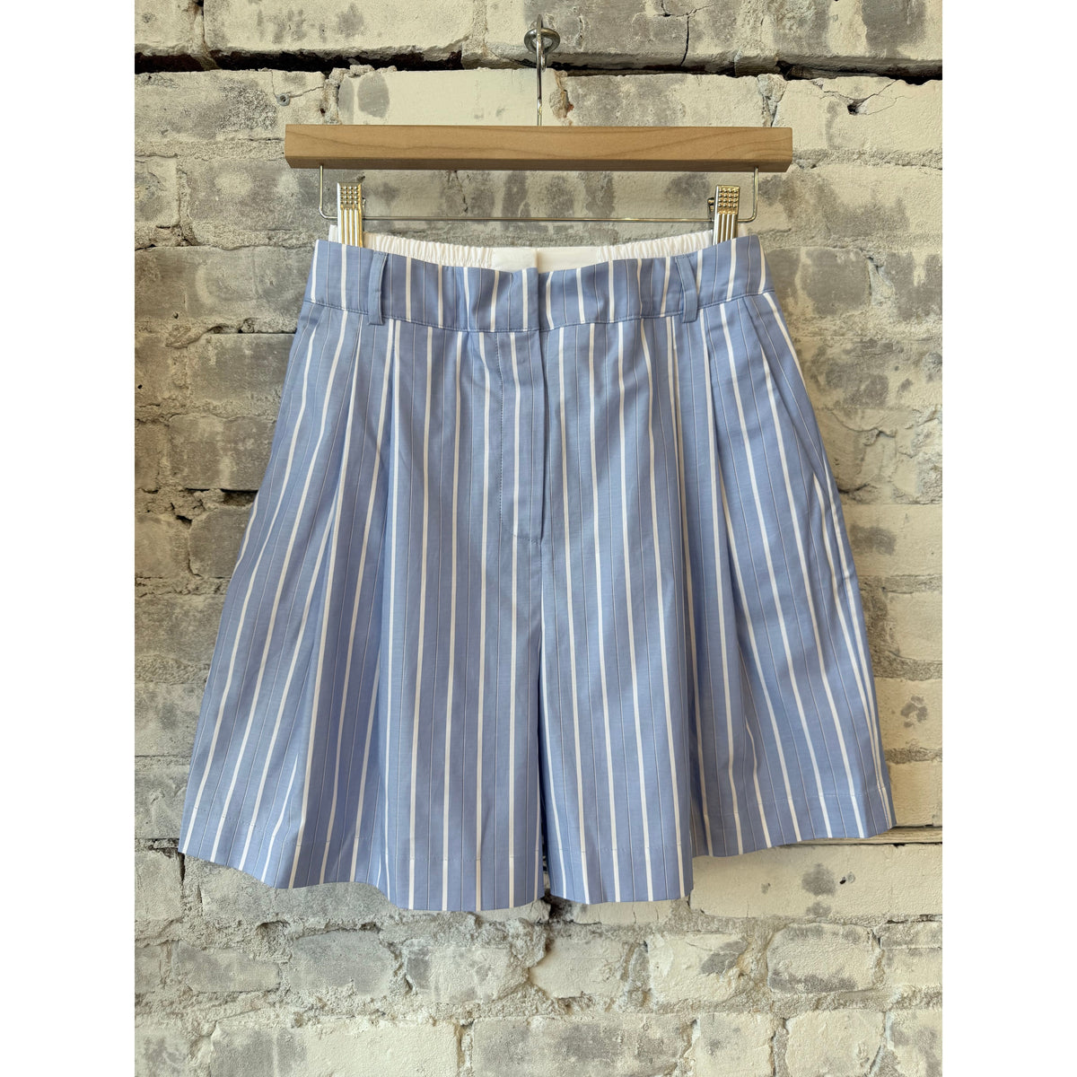 Women's blue and white striped Soulmate Twill Shorts by ACARIA STUDIO, shown with a relaxed fit and casual style.
