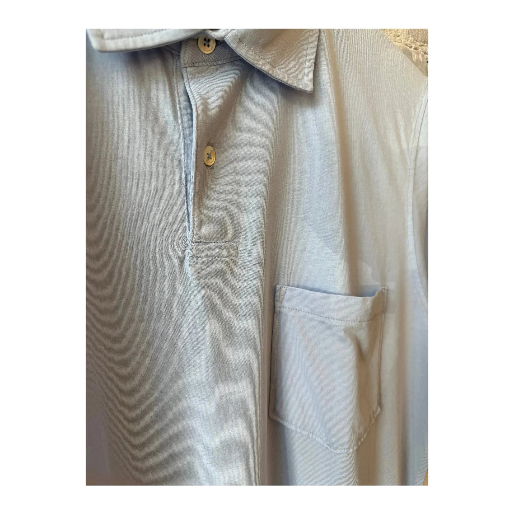 Men's sky blue SS cotton jersey polo shirt by Hartford Men's, showing the classic fit and textured fabric.